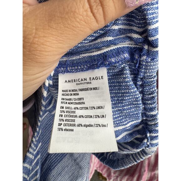 American Eagle Blue Striped Linen Blend Puff Sleeve Off The Shoulder Crop Top XL - Picture 5 of 5